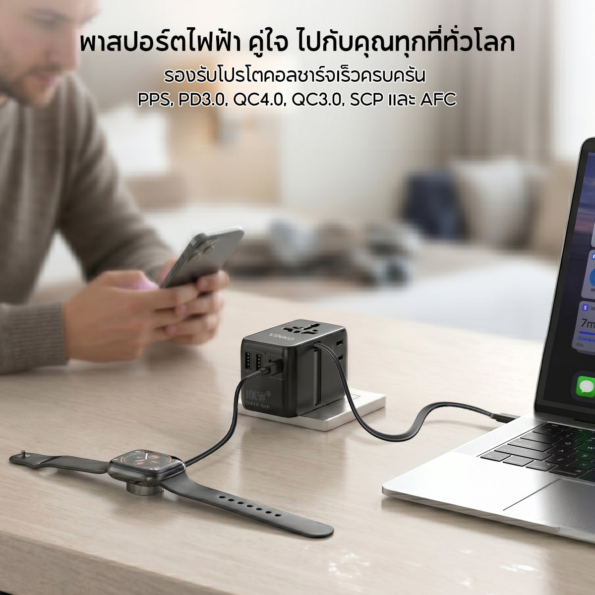 Vinko C3 100W GaN Travel Adapter ชาร์จเร็ว พร้อมสายชาร์จดึงเก็บได้ 70 ซม Type-C ช่อง USB-C และ USB-A