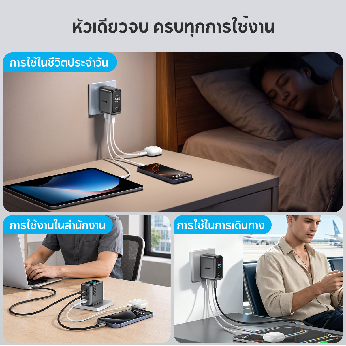 Vinko KN-2A 100W Max GaN Charger 3-Port USB C+USB A  for iPhone 17 Pro/Samsung/Laptop