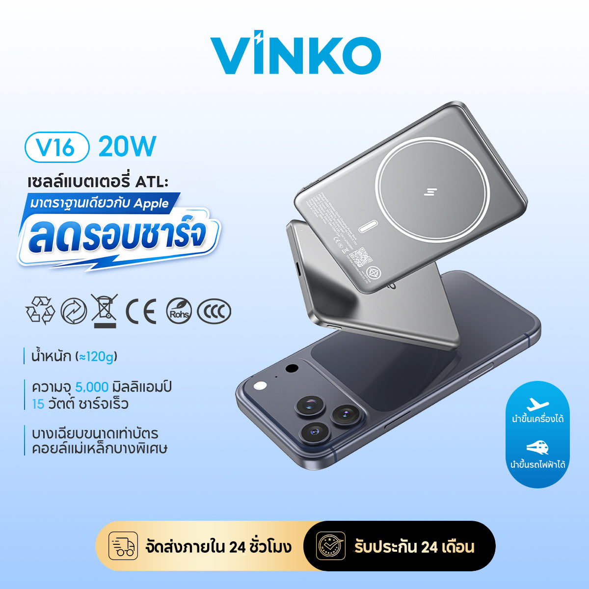 [New!!!]VINKO V16 20W 5000mAh พาวเวอร์แบงค์ไร้สายแม่เหล็ก มาตรฐาน CCC ดีไซน์บางเบา รองรับ PD3.0, QC3.0, Qi และ iPhone 12-17 ใช้แบตเตอรี่ ATL พร้อมระบบ NTC ควบคุมอุณหภูมิ พกขึ้นเครื่องได้ รับประกัน 2 ปี
