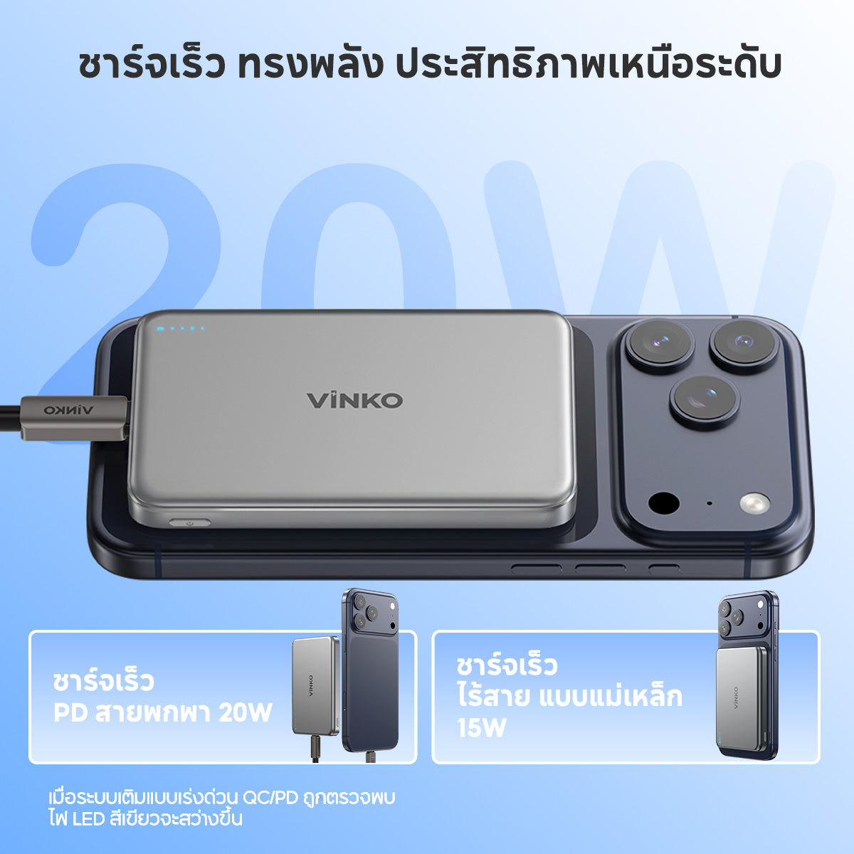 [New!!!]VINKO V16 20W 5000mAh พาวเวอร์แบงค์ไร้สายแม่เหล็ก มาตรฐาน CCC ดีไซน์บางเบา รองรับ PD3.0, QC3.0, Qi และ iPhone 12-17 ใช้แบตเตอรี่ ATL พร้อมระบบ NTC ควบคุมอุณหภูมิ พกขึ้นเครื่องได้ รับประกัน 2 ปี