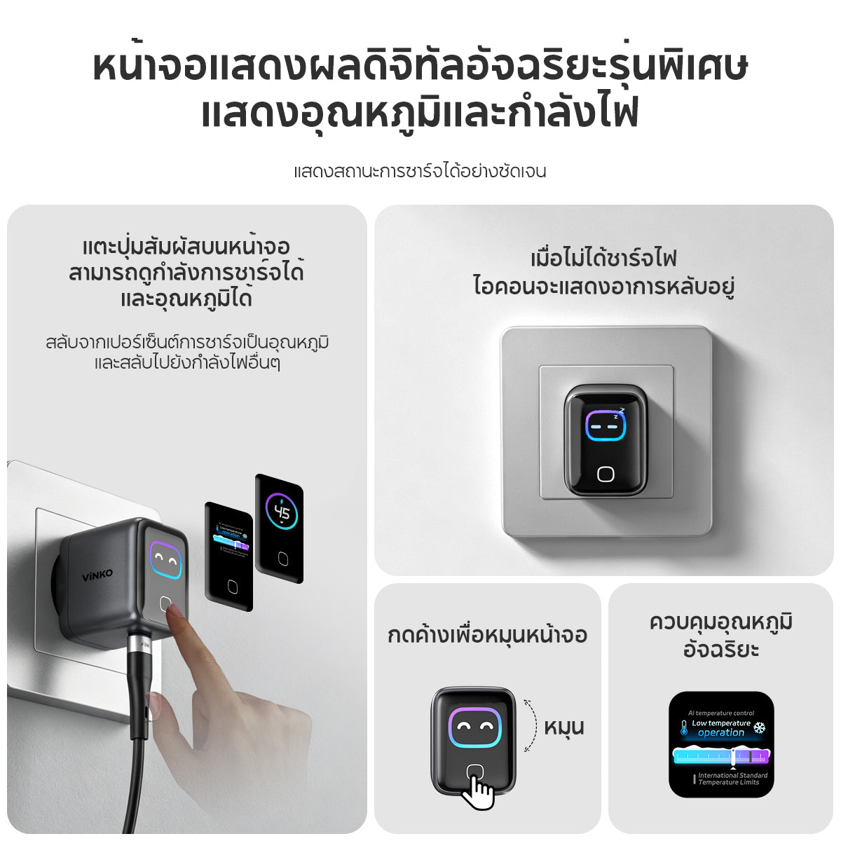 Vinko KN-1A 45W Charger GaN Smart display Compact และพับได้ USB C for iPhone 17 Pro/Samsung