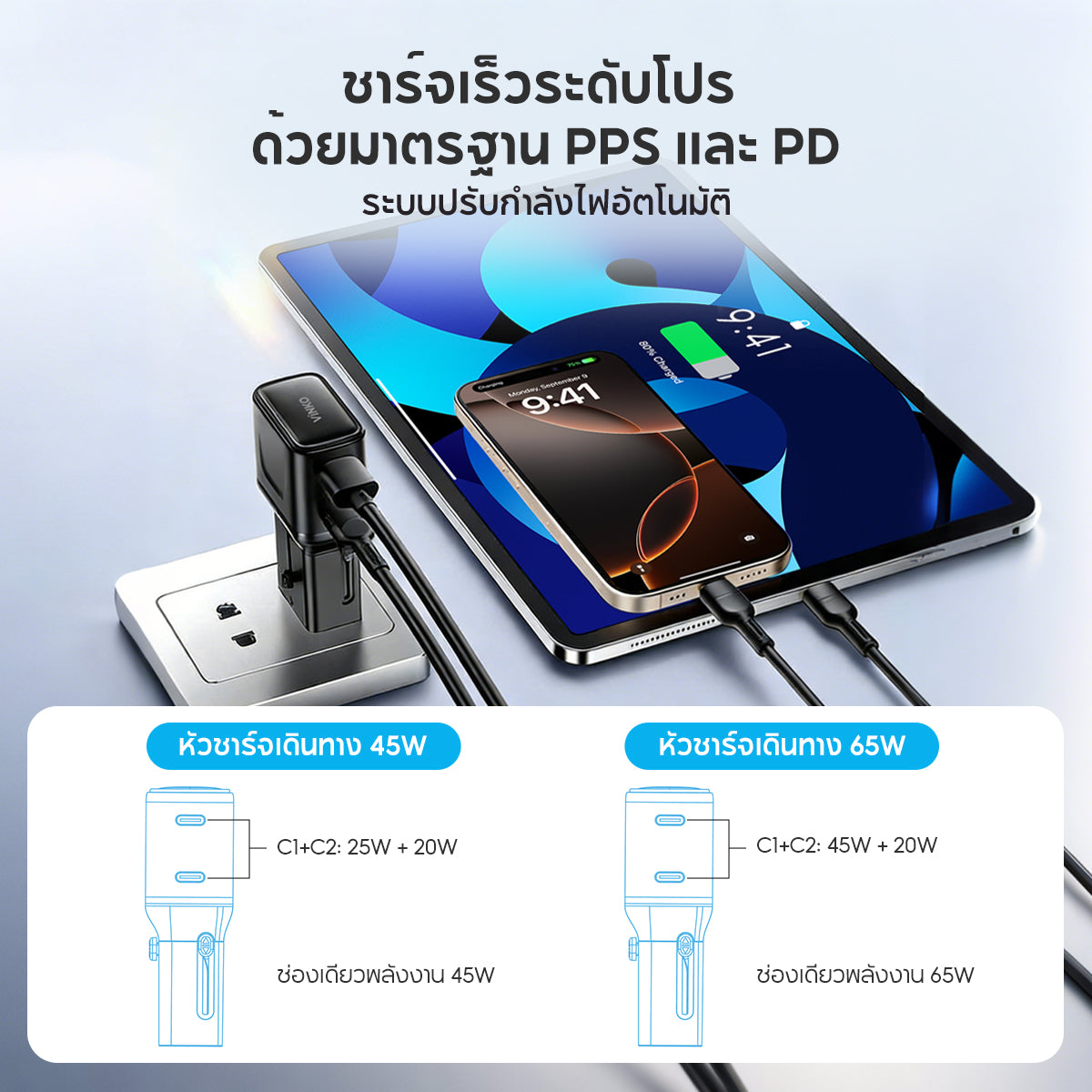 VINKO C1C2  GaN Travel Adapter อแดปเตอร์อเนกประสงค์ใช้ได้กว่า 200 ประเทศ รองรับการชาร์จเร็ว 45W/65W C+C PD/PPS