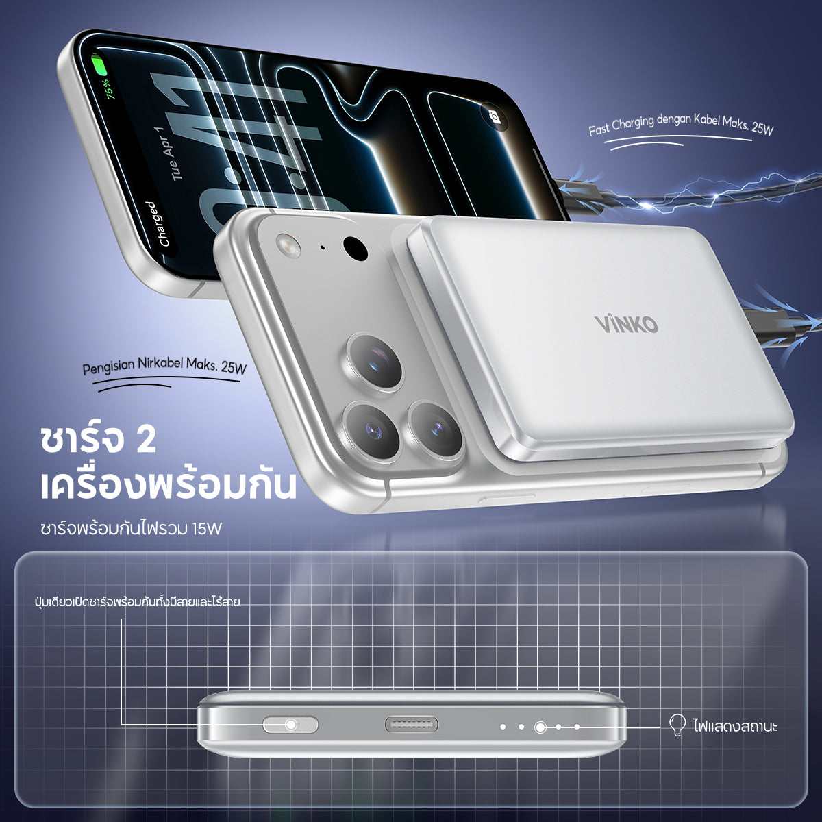 VINKO V17 Magnetic Powerbank แบตสำรองแม่เหล็ก พาวเวอร์แบงค์ชาร์จไร้สาย Ultra‑thin PD25W Fast Charge 10000mAh แบตเตอรี่พกพา