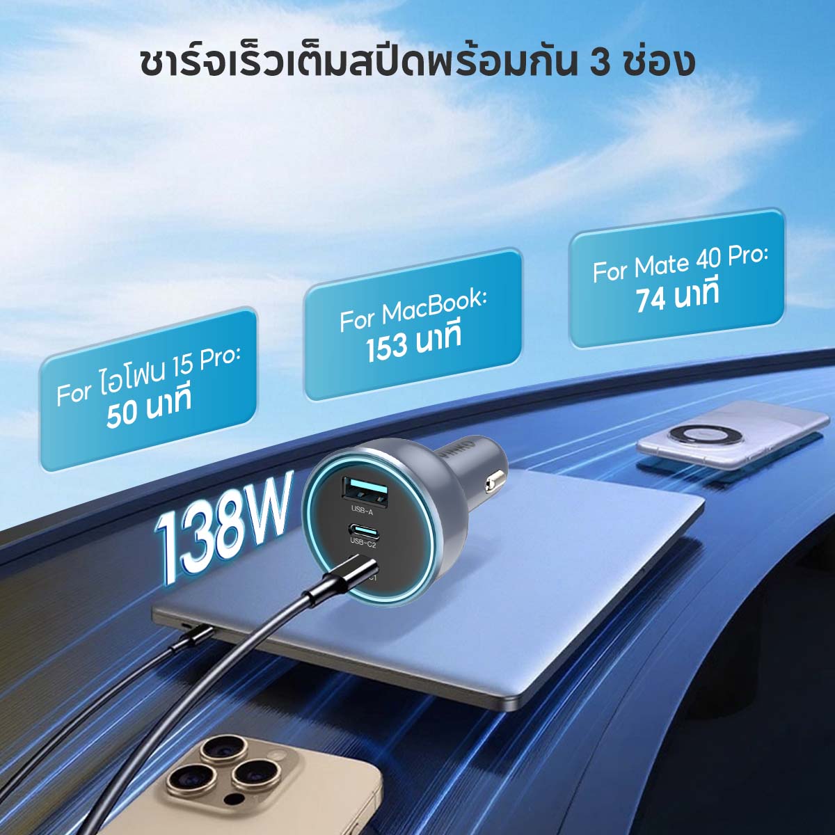 VINKO 138W Car Charger Quick Charging PD3.0 Fast USB Type C