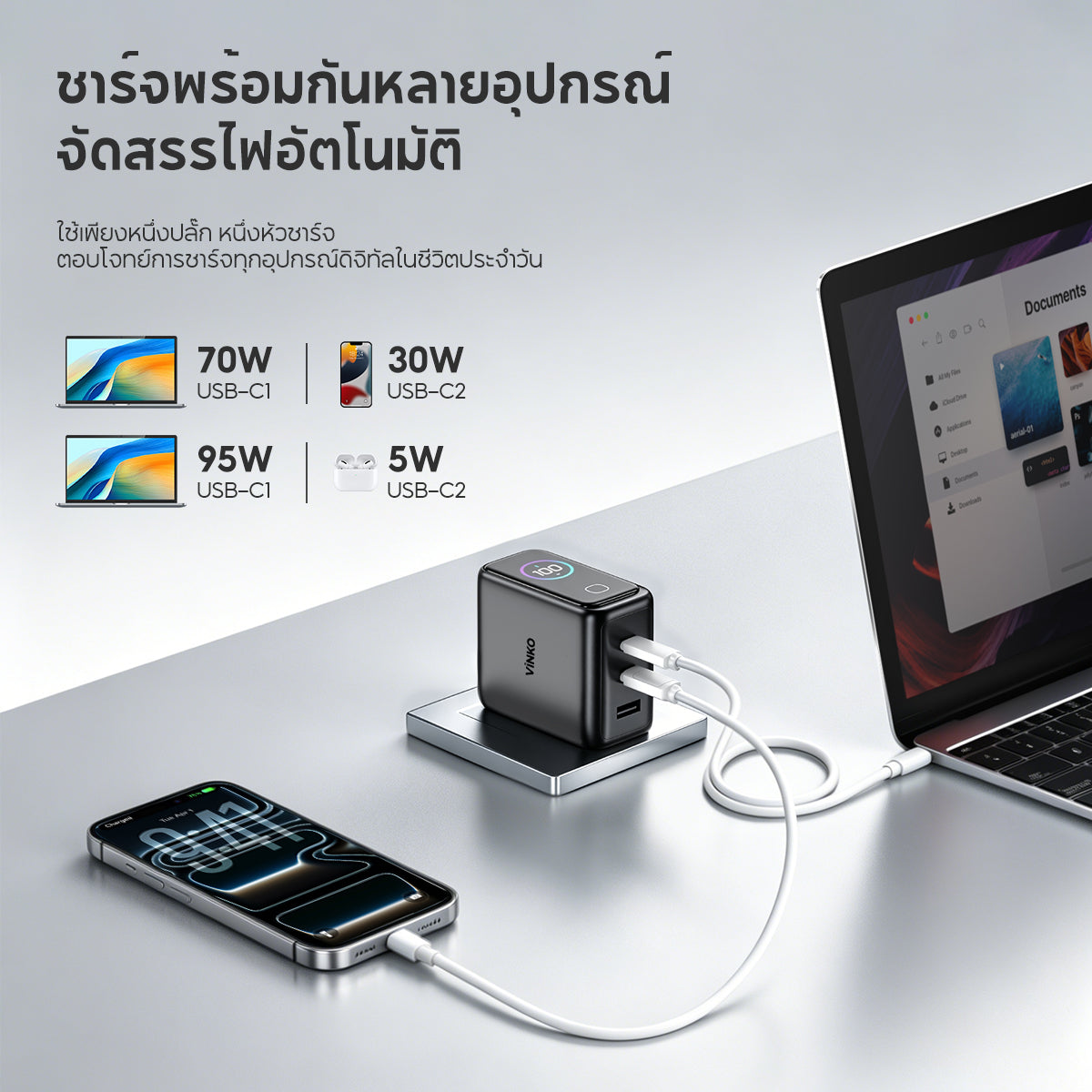 Vinko KN-2A 100W Max GaN Charger 3-Port USB C+USB A  for iPhone 17 Pro/Samsung/Laptop