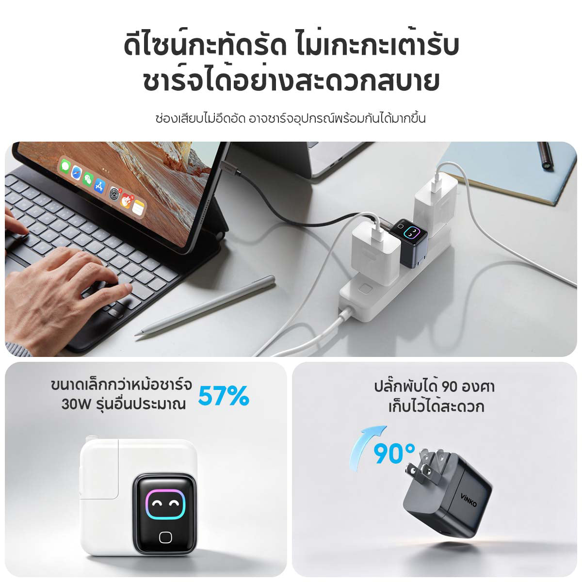 Vinko KN-1A 45W Charger GaN Smart display Compact และพับได้ USB C for iPhone 17 Pro/Samsung