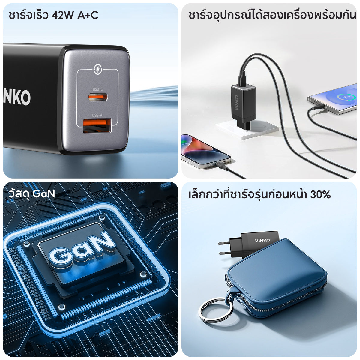 VINKO Mini GaN 45W Charger 2 Ports USB C USB A