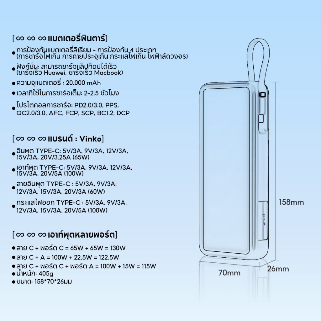 VINKO V130 20000mAh Power Bank PD Lightweight