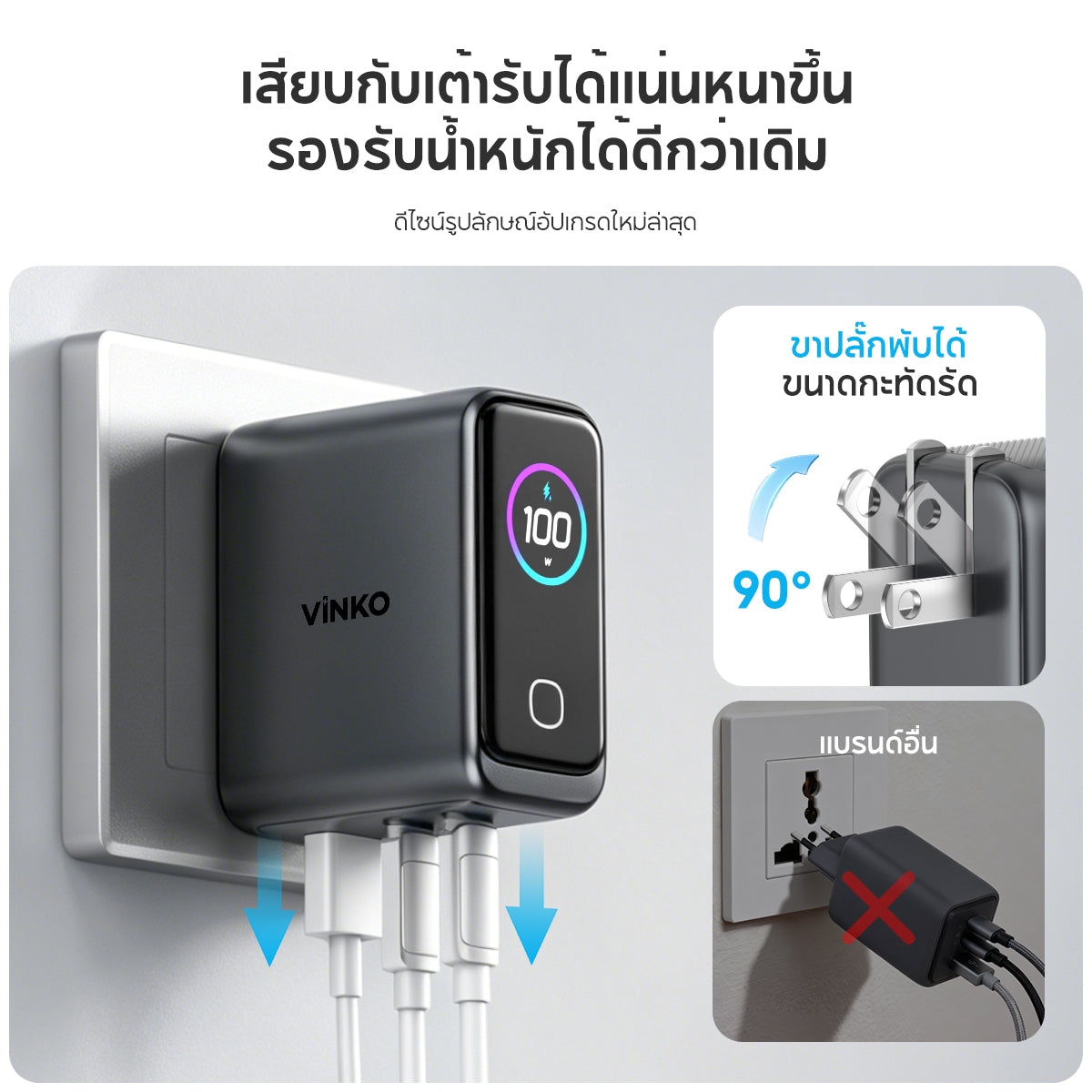 Vinko KN-2A 100W Max GaN Charger 3-Port USB C+USB A  for iPhone 17 Pro/Samsung/Laptop