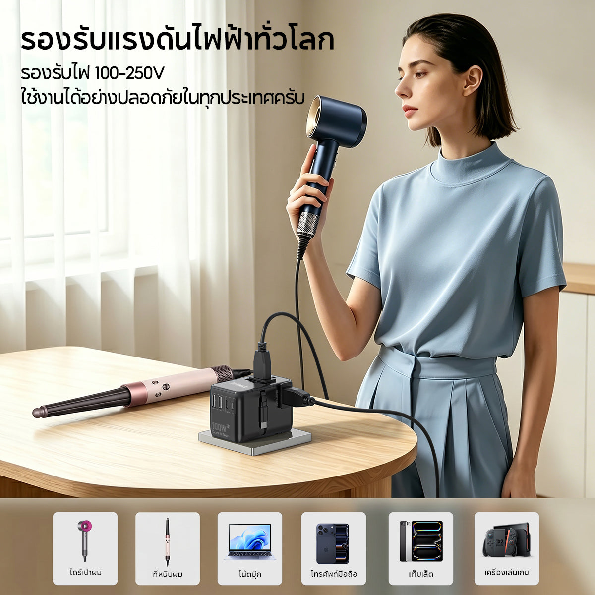 Vinko C3 100W GaN Travel Adapter ชาร์จเร็ว พร้อมสายชาร์จดึงเก็บได้ 70 ซม Type-C ช่อง USB-C และ USB-A