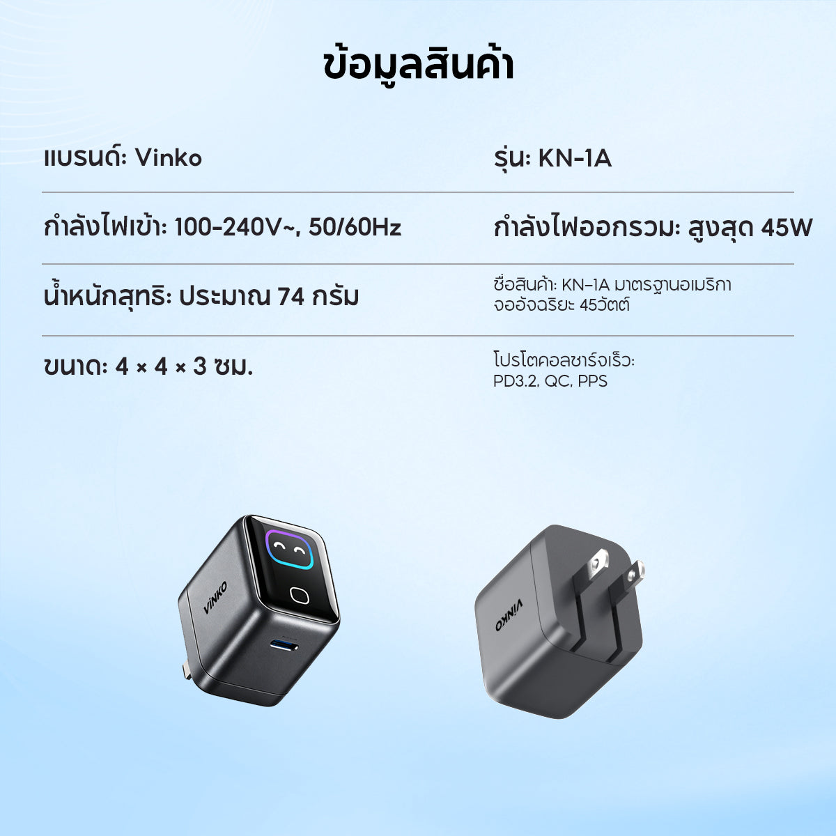 Vinko KN-1A 45W Charger GaN Smart display Compact และพับได้ USB C for iPhone 17 Pro/Samsung