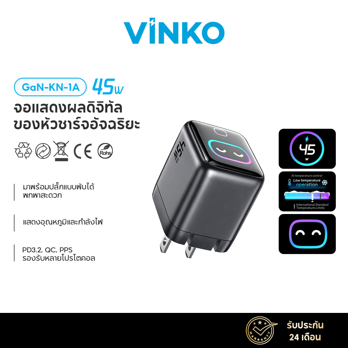 Vinko KN-1A 45W Charger GaN Smart display Compact และพับได้ USB C for iPhone 17 Pro/Samsung