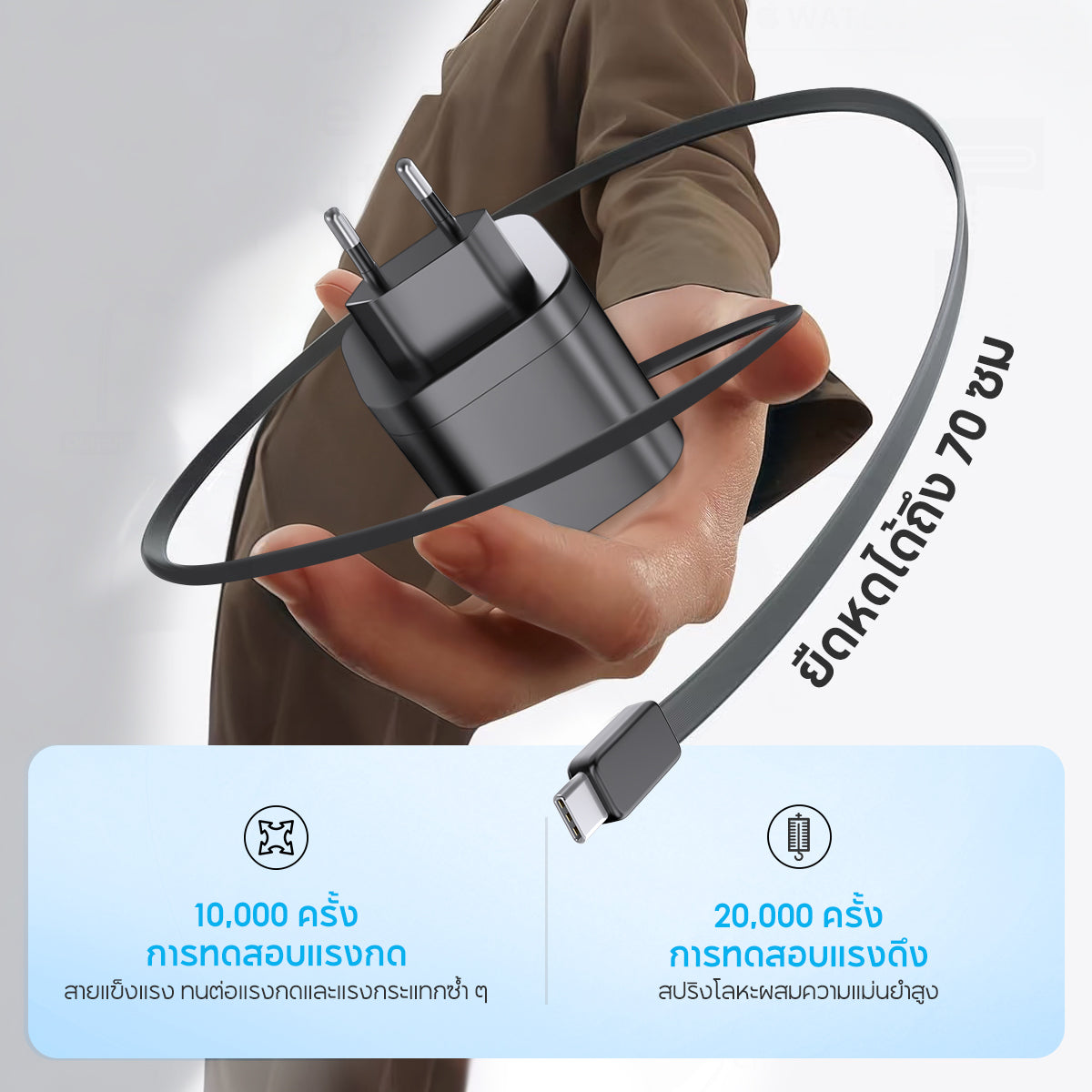 VINKO 65W GaN Fast Charger Head USB-C USB-A Port with 70cm Extendable USB C Cable